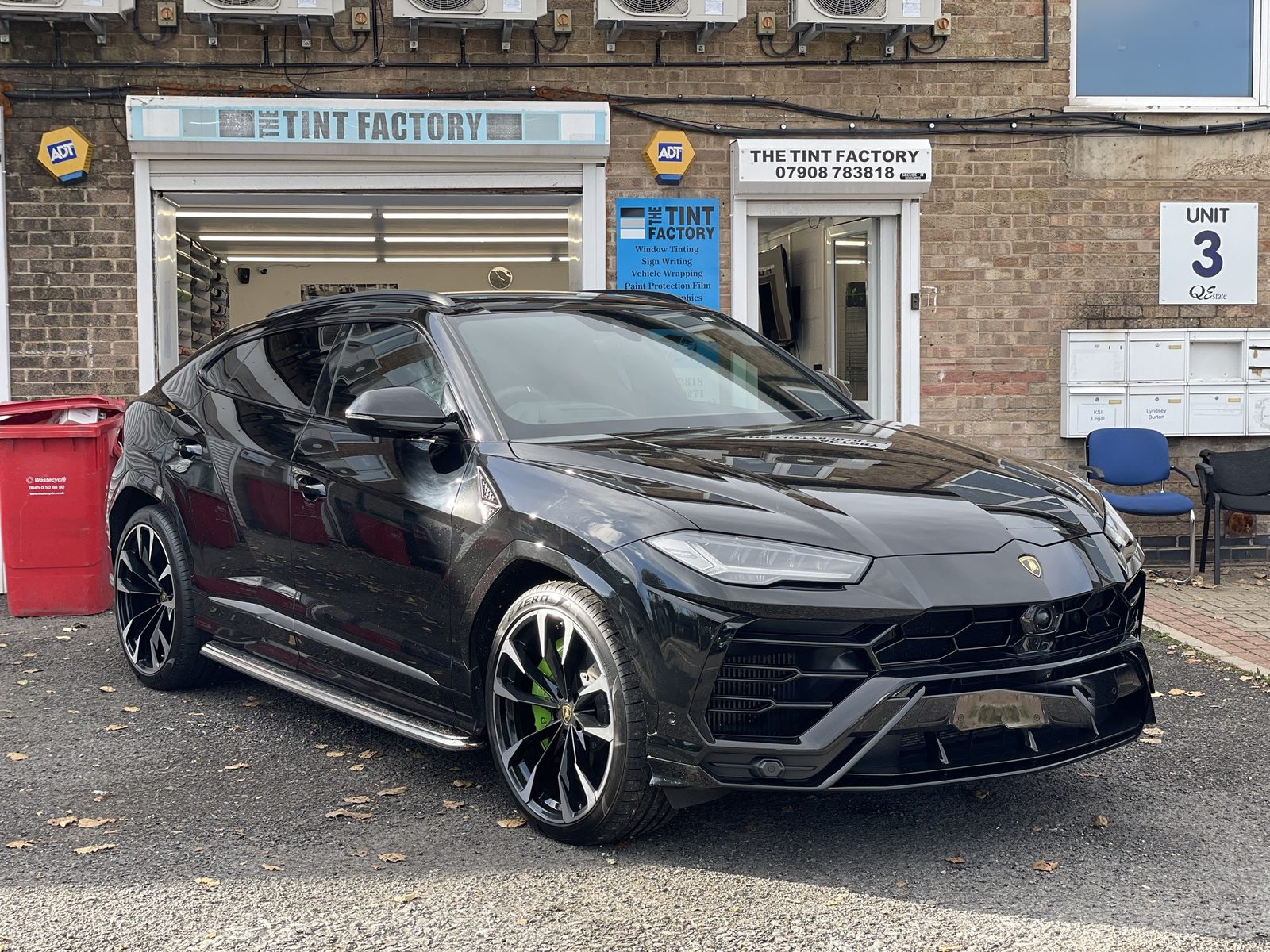 Black Lamborghini Urus parked outside The Tint Factory, Unit 3 Branstons Industrial Estate, Queniborough